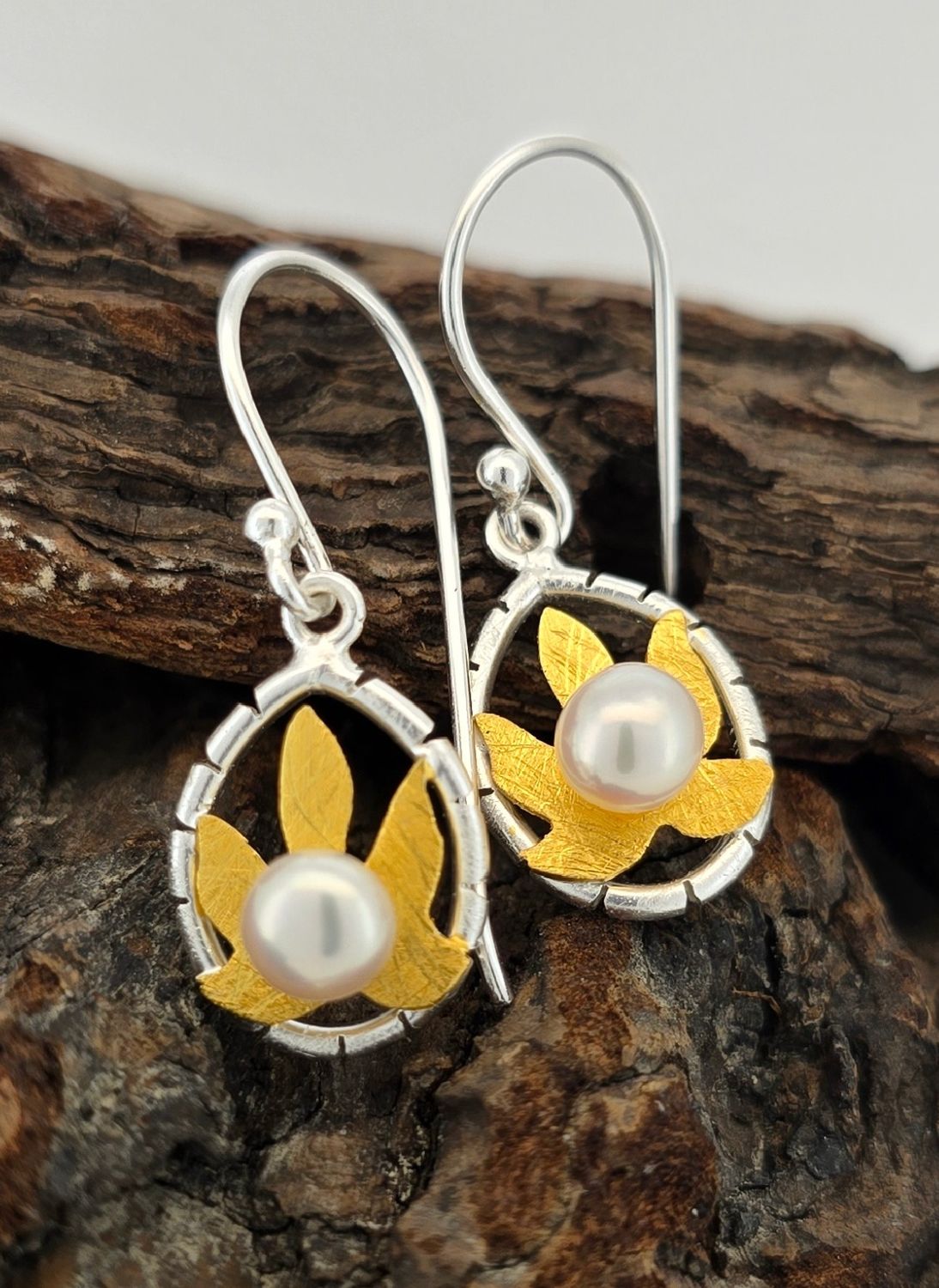 Golden Leaf &amp; Pearl Drops – Sterling Silver Framed Earrings with Freshwater Pearl Accents