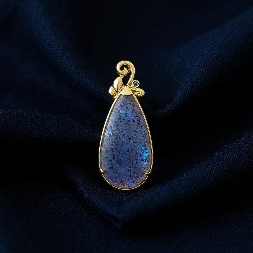 9ct Yellow Gold Semi-Black Opal Pendant – 13.38ct Opal &amp; Diamond in Intricate Tube &amp; Claw Setting