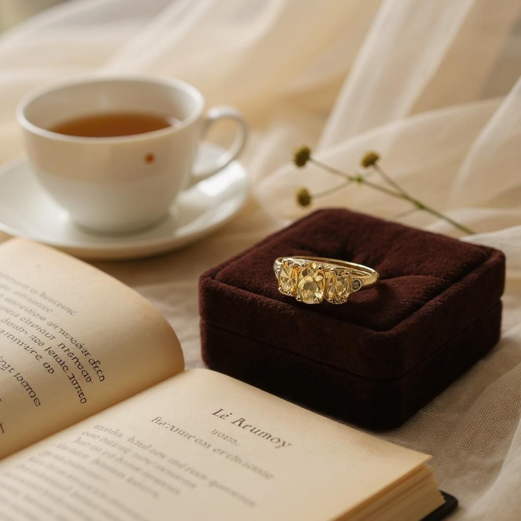 9ct Yellow Gold Citrine &amp; Diamond Trilogy Ring – Triple Oval Stones with 0.03ct Diamond Accents