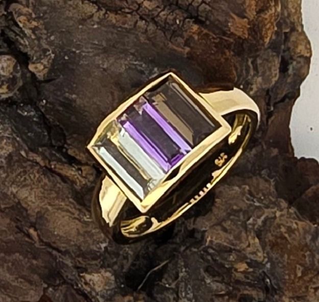 9ct Yellow Gold Trifecta Gemstone Ring – Smoky Topaz, Amethyst &amp; Green Amethyst in Channel Setting