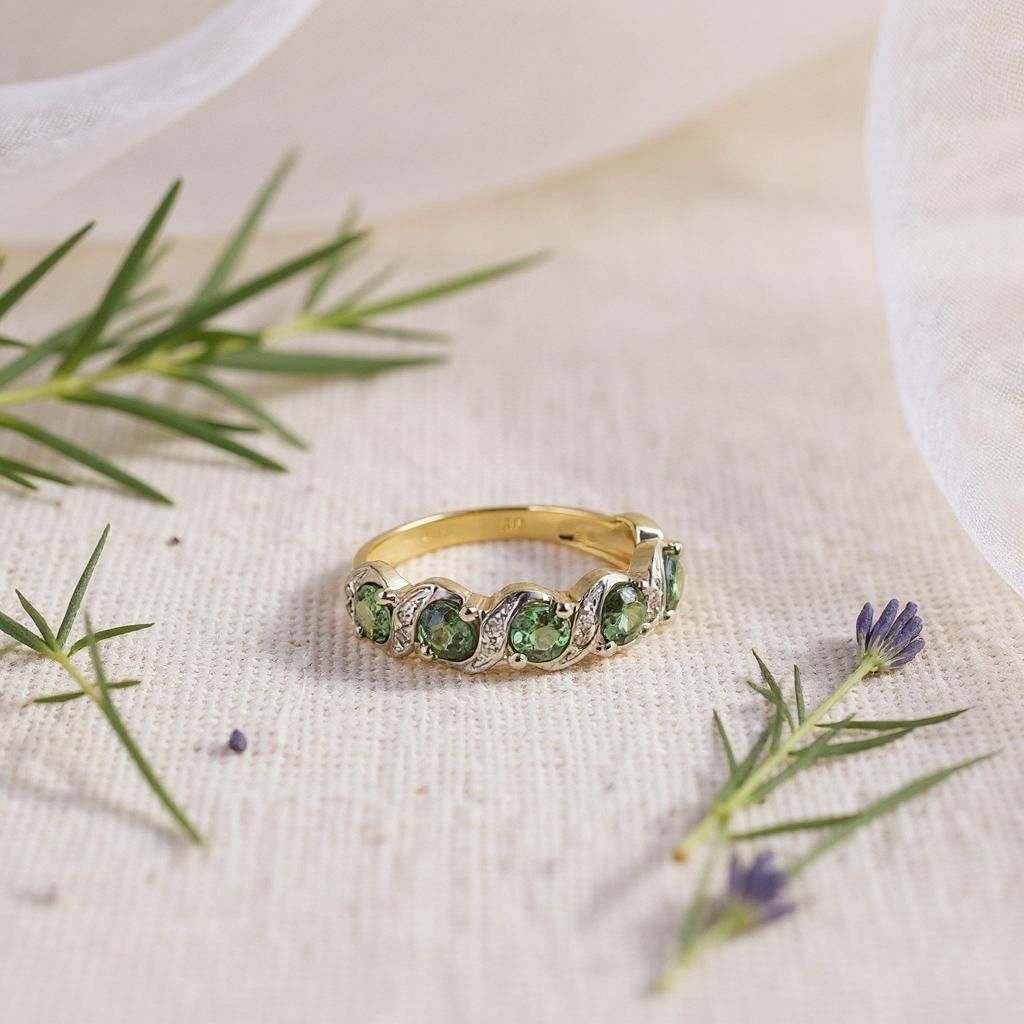 9ct Yellow Gold Green Sapphire &amp; Diamond Ring – Five 4mm Round Gems with Diamond Accents