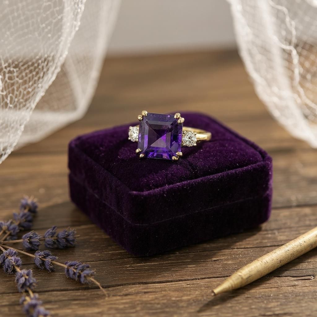 9ct Yellow Gold Octagonal Amethyst Ring – 8.5mm Unique Cut with 0.17ct Diamond Accents