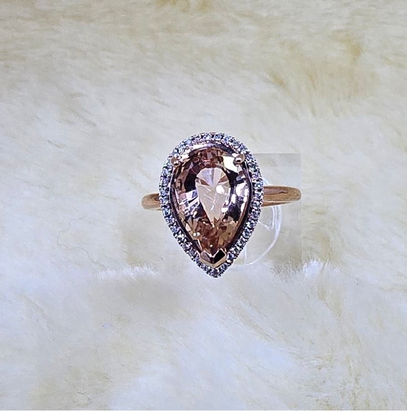 9ct Rose Gold Morganite Halo Ring – 13x9mm Pear Cut Center with 0.15ct Diamond Surround