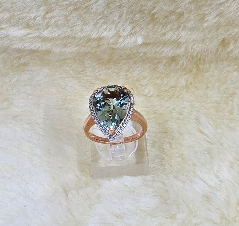 9ct Rose Gold Pear Cut Green Amethyst Halo Ring – 16x11.5mm Center Stone with 0.17ct Diamond Halo