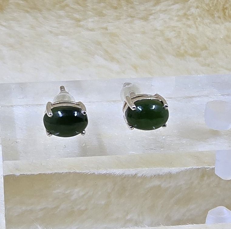 Sterling Silver Stud Earrings – 7x5mm Oval Greenstone in 4-Claw Setting