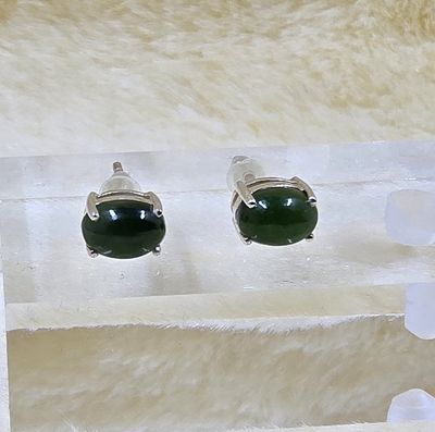 Sterling Silver Stud Earrings – 7x5mm Oval Greenstone in 4-Claw Setting