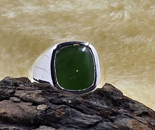 Sterling Silver Greenstone Signet Ring – 17x10mm Cushion Cut in Size T½