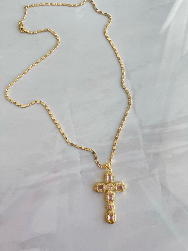 PINK &amp; GOLD CROSS NECKLACE