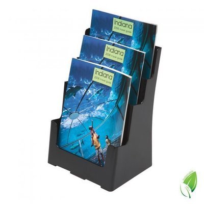 A4 - 3 Pocket (Leaflet) Brochure Holder. Black. Free Standing /  Wall Mounting. 60% Recycled Plastic.  3 Tier x 1 Wide. 97304