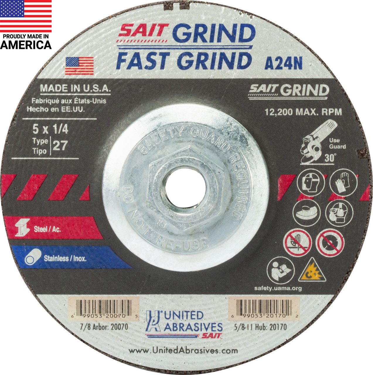 5x1/4x7/8" A24N Type 27 SS Grinding Wheel