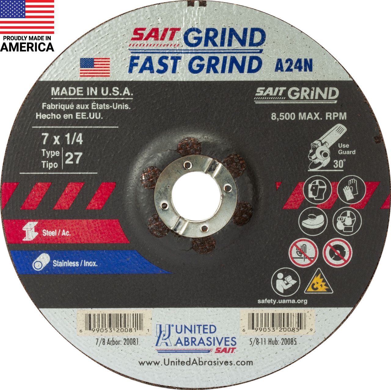 7x1/4x7/8" A24N Stainless Grinding Wheel