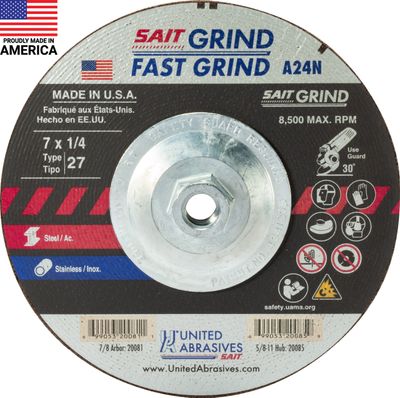 7x1/4x5/8-11" A24N Type 27 Grinding Wheel For Stainless