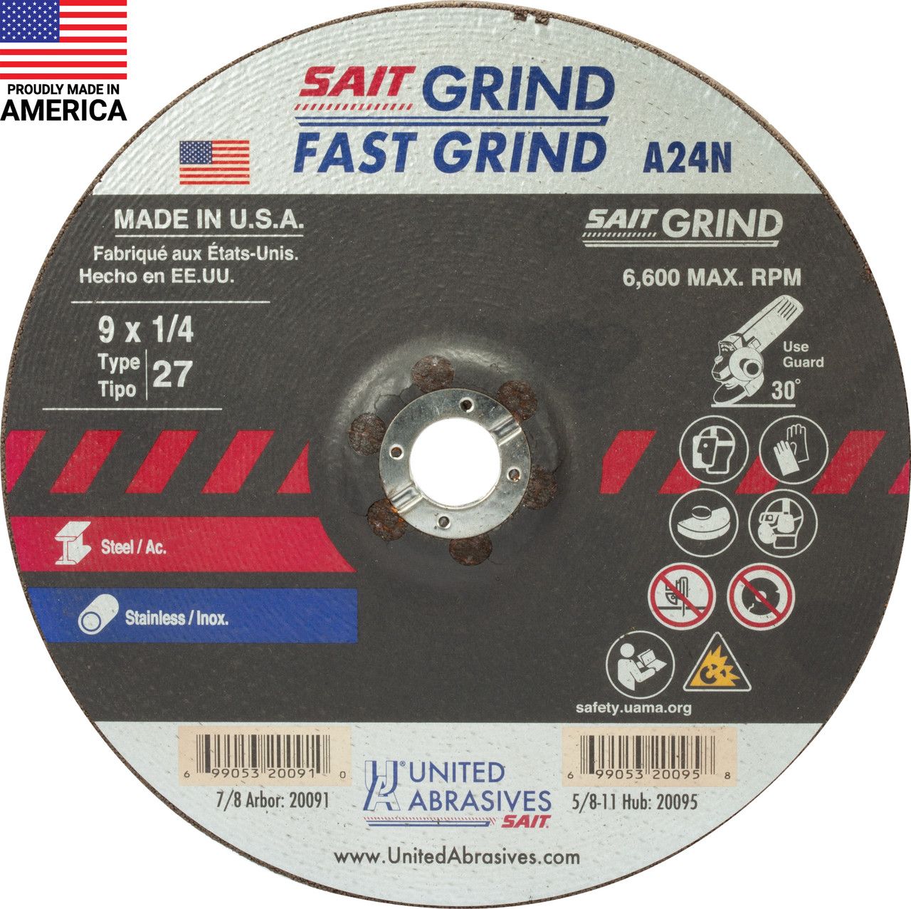 9x1/4x7/8" Type 27 Grinding Wheel A24N for Stainless