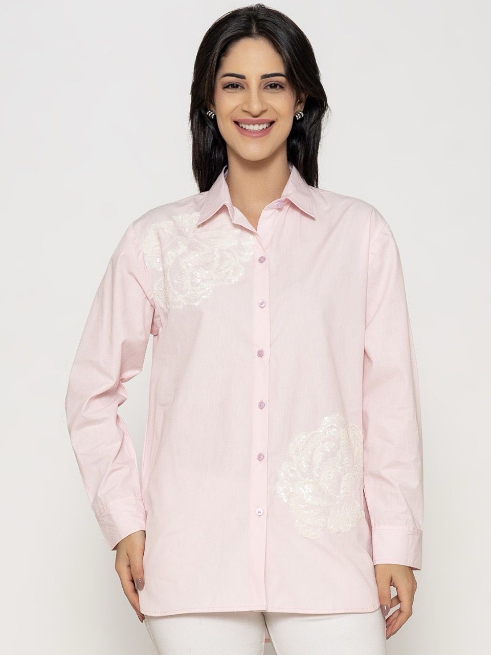 Pink Flower Embroidered Shirt