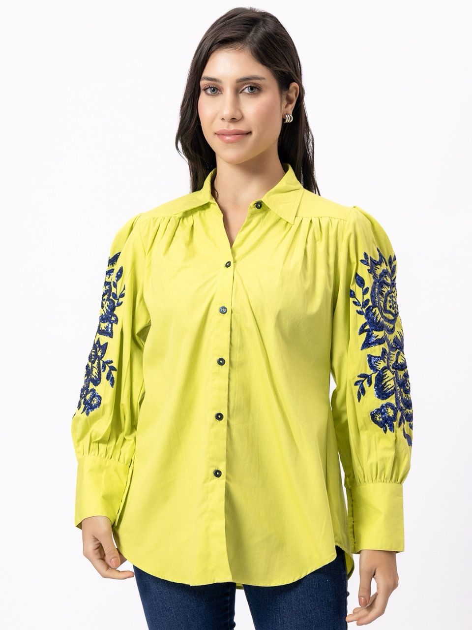 Lime Green Sleeve Sequin Embroidered Shirt
