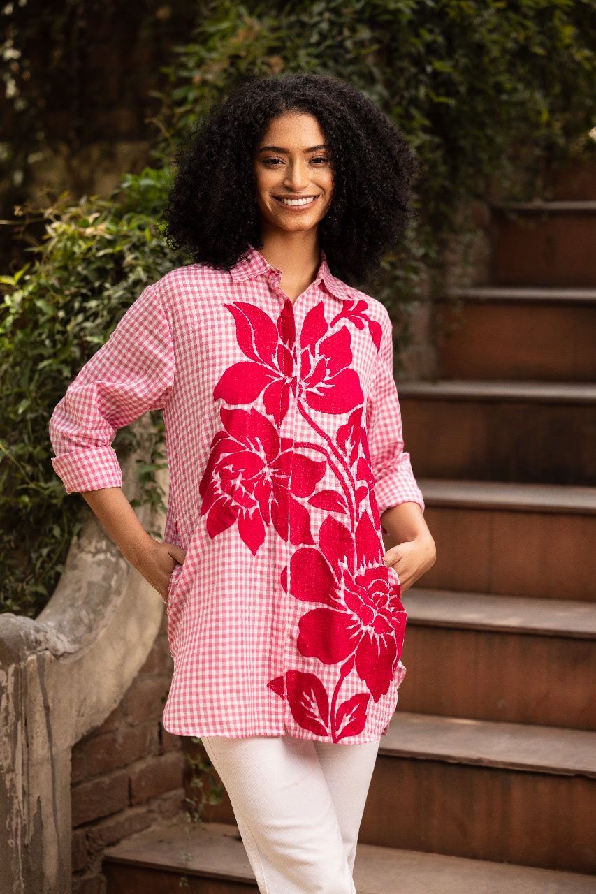 Red Checks Shirts With Flower Embroidery