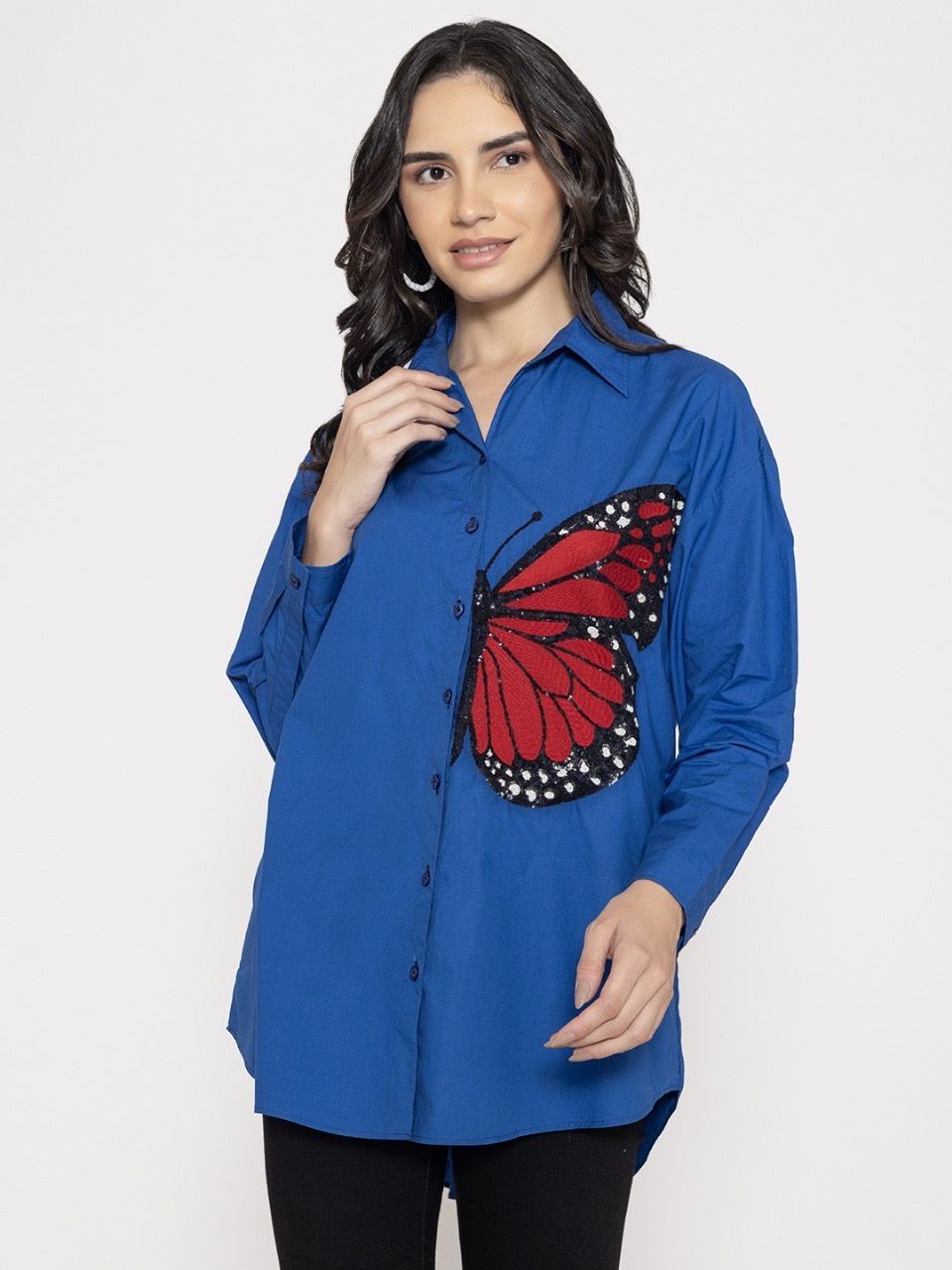 Blue Shirt With Red Butterfly