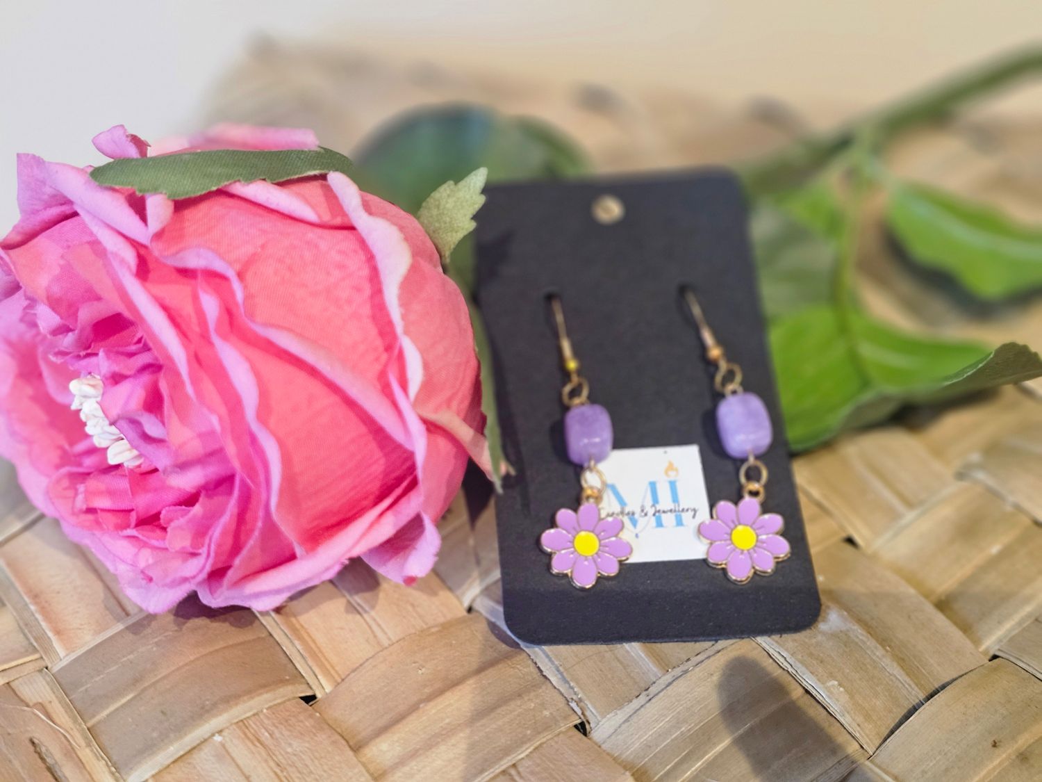 Purple Daisy &amp; Beaded Drop Earrings