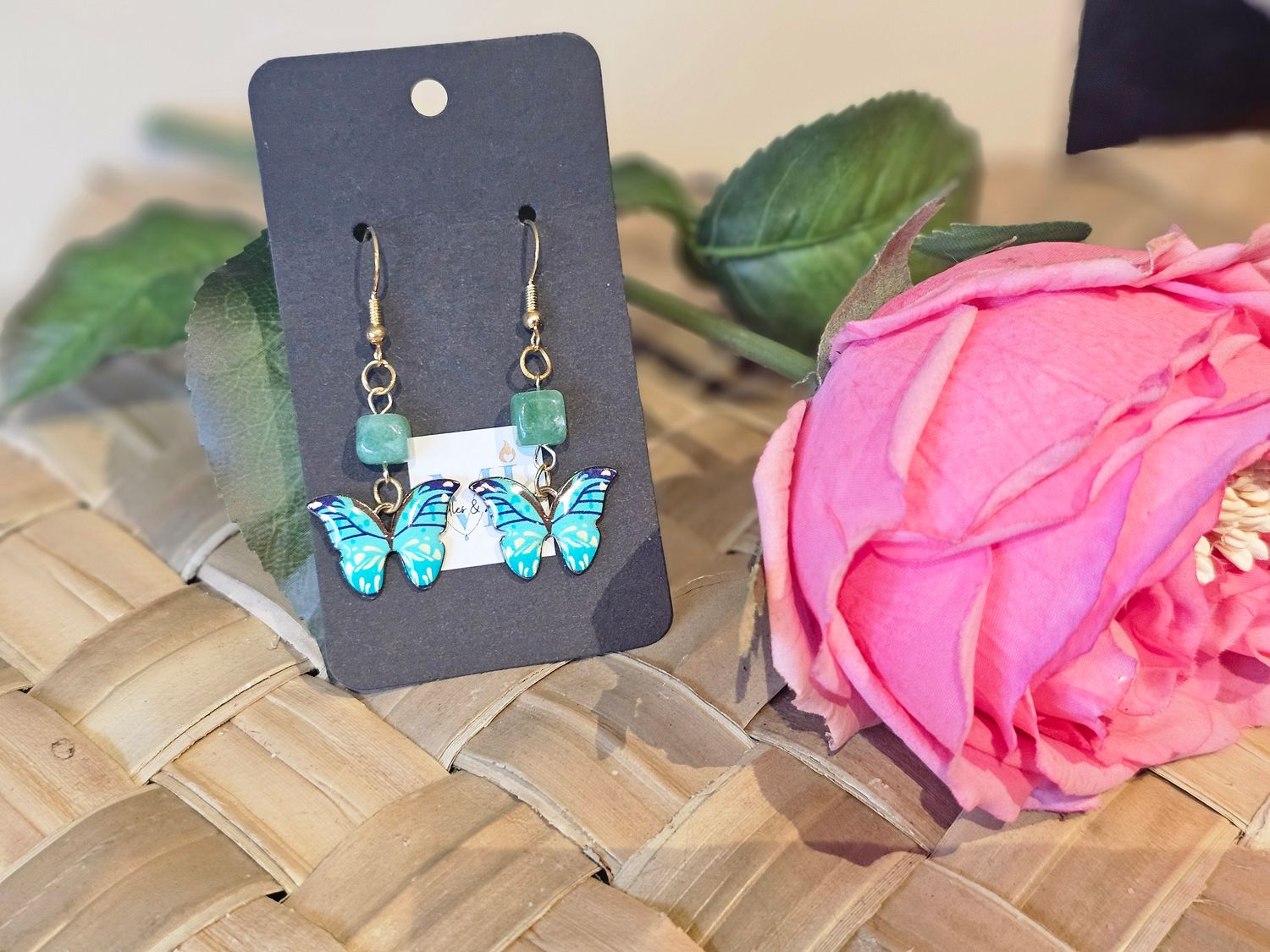 Teal Butterfly &amp; Beaded Drop Earrings