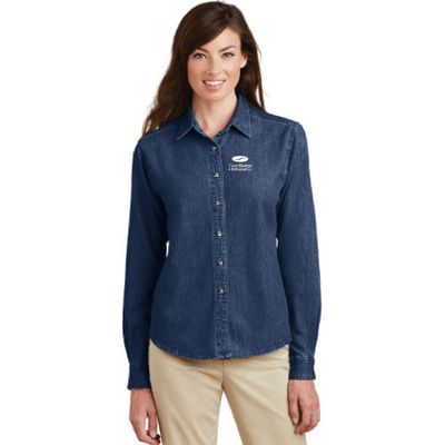 Ladies Patch Pockets Long Sleeve Denim Shirt