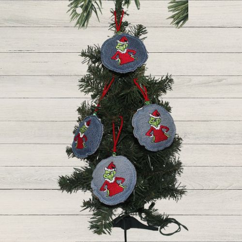 Denim Grinch Christmas Ornaments