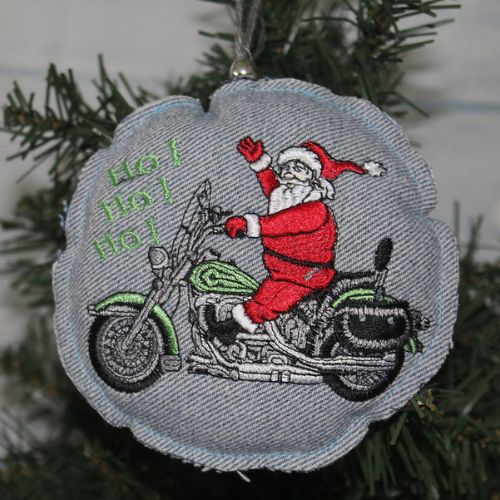 Embroider Santa Motorcycle Christmas Ornament