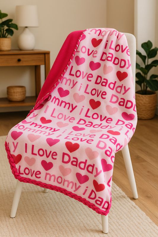 'I Love Mommy and Daddy' Fleece Blanket with Braided Edge