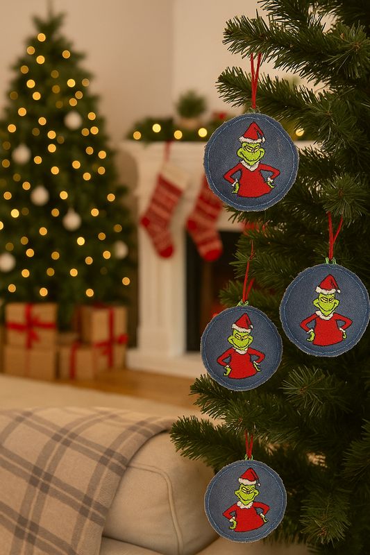 Denim Grinch Christmas Ornaments
