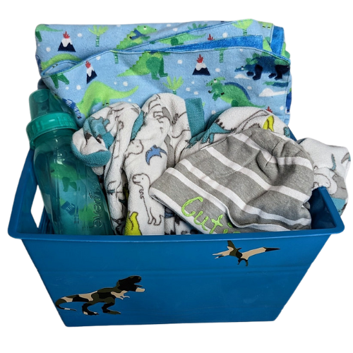 Handmade baby gift bundle with dinosaur theme including sleeper, hat, blanket, and bottle
