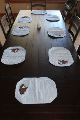 Hand painted snowman placemats set of 6 on dining table Christmas decor