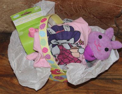 Easter basket set with bunny shirt, microfiber wash cloth, and toddler cup.
