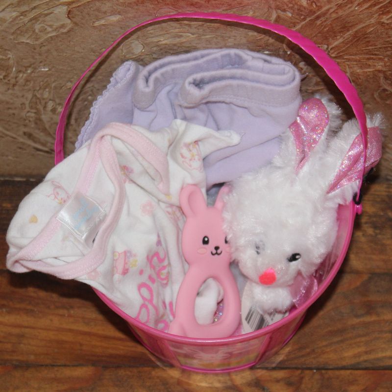 Baby girl Easter outfit gift set with Hippity Hoppity bunny onesie, pink pants, plush bunny, and Easter basket.