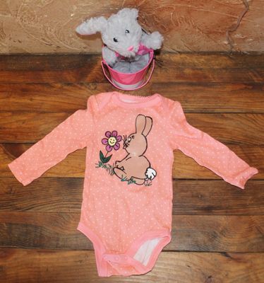Hand-painted bunny baby onesie with pink polka dots and floral design for Easter spring outfit
