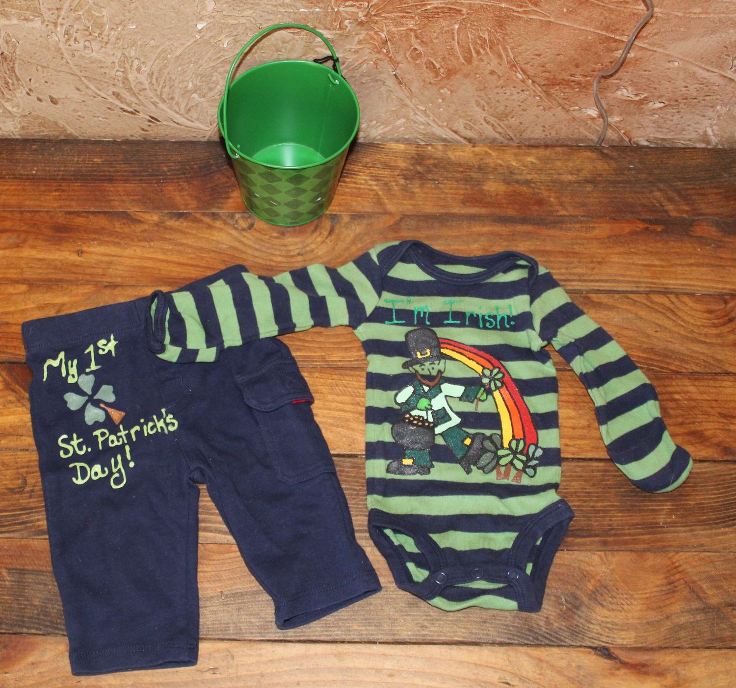 Hand painted baby St. Patrick’s Day outfit with “I’m Irish” bodysuit and shamrock pants set