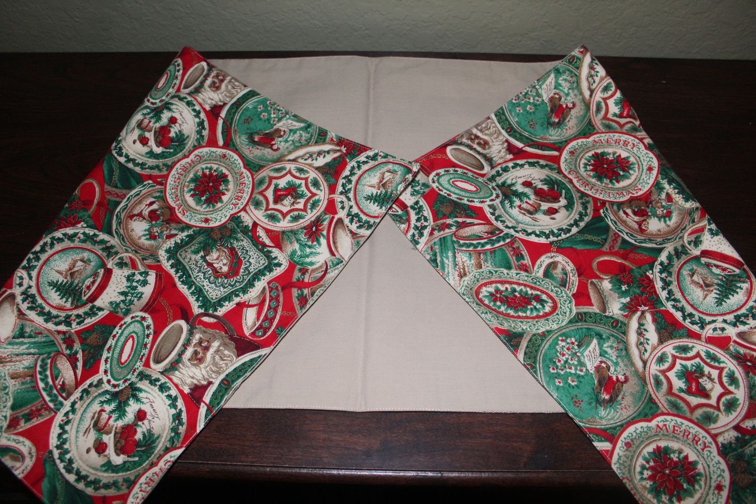 Handmade Reversible Christmas Table Runner – Holiday Red & Green Poinsettia, Santa & Winter Scene Dining Decor Handmade reversible Christmas table runner with red and green poinsettia and Santa holiday pattern