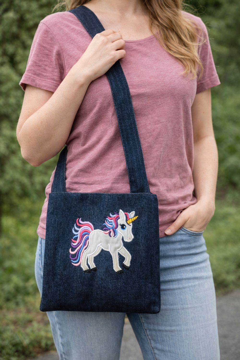 Denim Embroidered Unicorn Crossbody Purse for Girls
