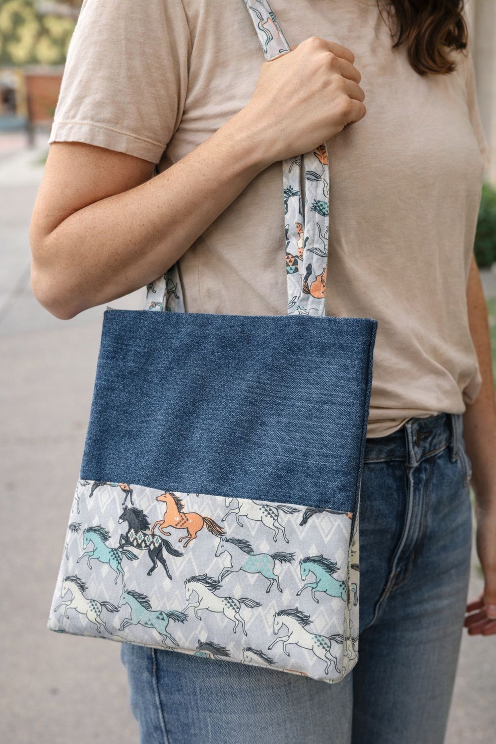 Denim Tote Bag Purse with Horse Print