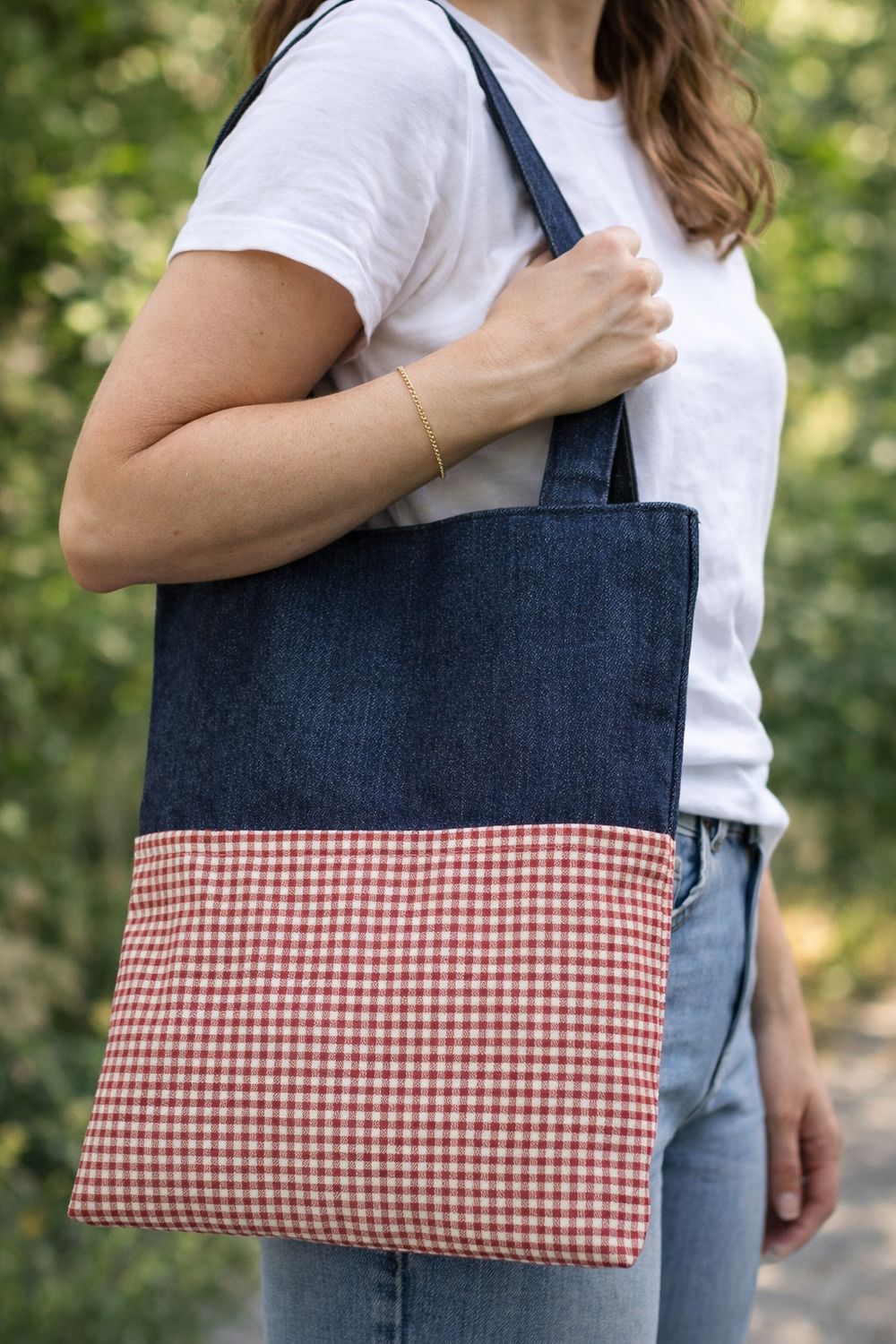 Denim & Gingham Tote Bag Shoulder Purse- Reversible