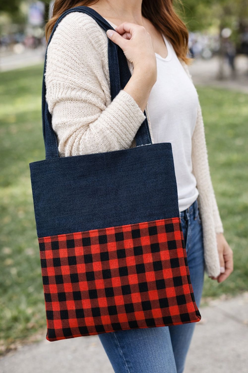 Buffalo Plaid Recycled Jean Shoulder Purse with Pocket
