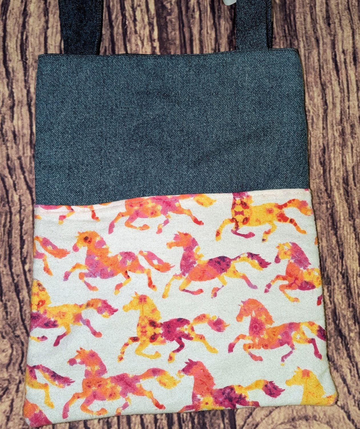 Denim Shoulder Purse with Colorful Horse Print- Reversible