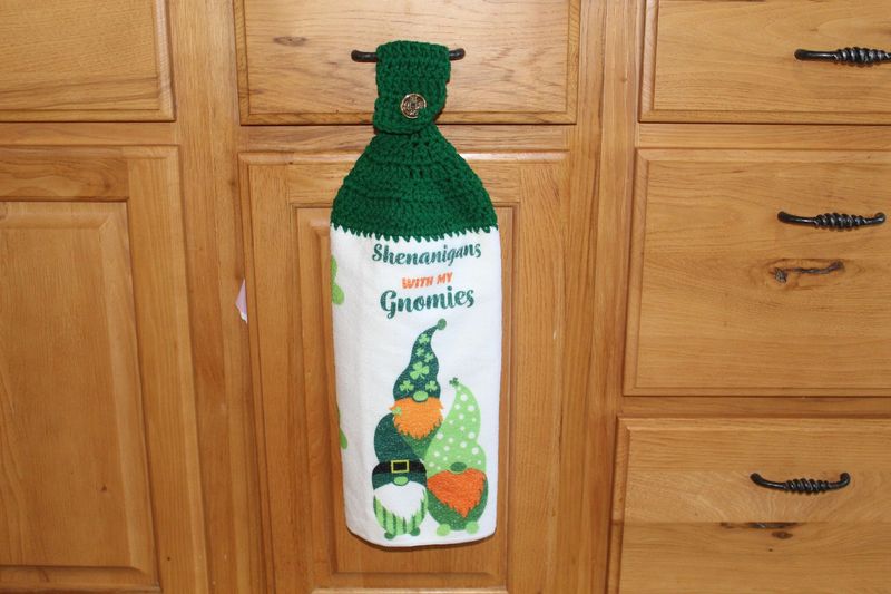 Shenanigans with My Gnomies St. Patrick’s Day microfiber kitchen towel with crochet top.
