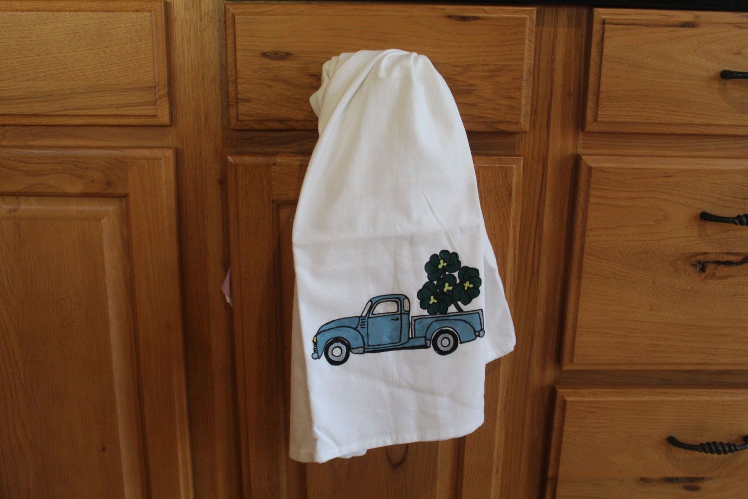 Hand-Painted Vintage Truck St. Patrick’s Day Flour Sack Towel – Shamrock Kitchen Decor.