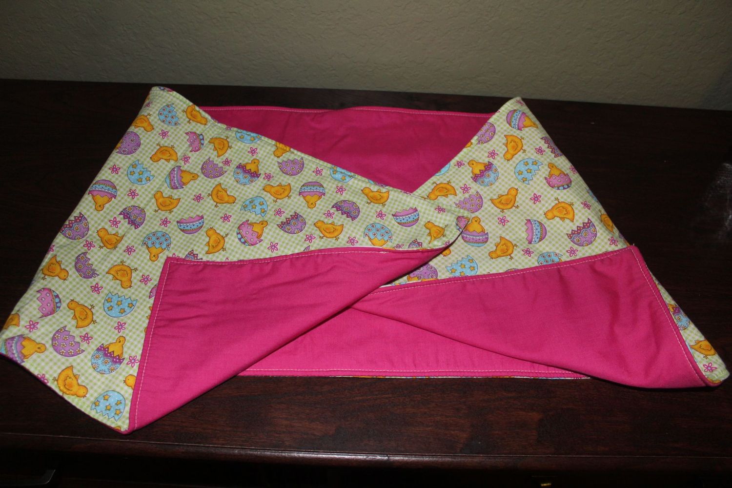 Handmade Reversible Easter Table Runner – Spring Chicks & Eggs Table Decor with Pink Backing.