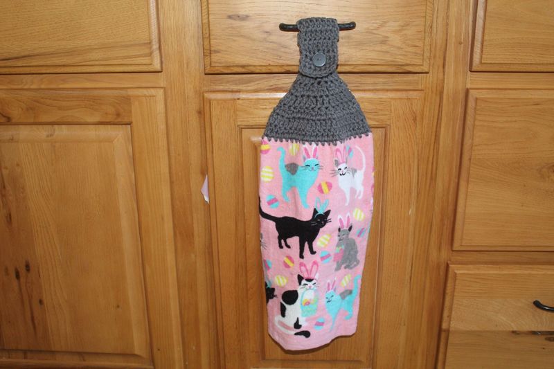Easter Cat Kitchen Towel with Crochet Top – Hanging Dish Towel with Bunny Ear Cats & Easter Eggs
