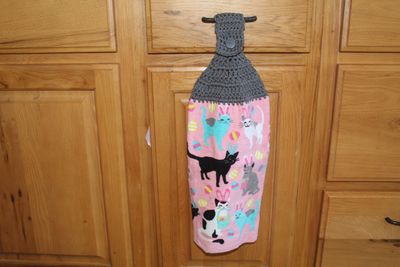 Easter Cat Kitchen Towel with Crochet Top – Hanging Dish Towel with Bunny Ear Cats & Easter Eggs