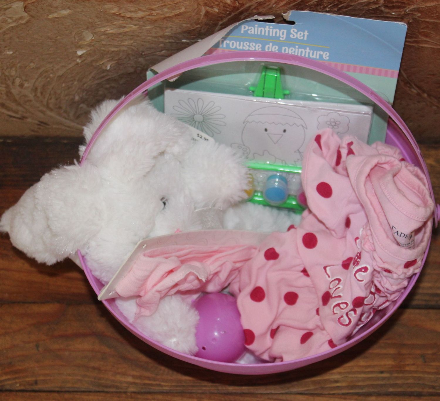 Easter basket gift set for baby girl with stuffed bunny and pink dress bundle