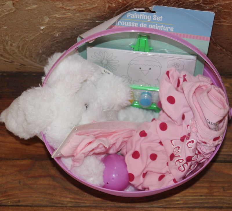 Easter basket gift set for baby girl with stuffed bunny and pink dress bundle