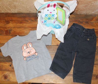 Easter Toddler Gift Set – Bunny “Hug Me Some Bunny” Shirt, Kids Pants & Easter Basket Toy Bundle Easter toddler outfit with bunny shirt, black pants, and Easter basket gift set
