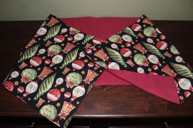 Holiday Ornament Print with Red Backing | Festive Dining & Home Decor– Handmade Reversible Christmas Table Runner