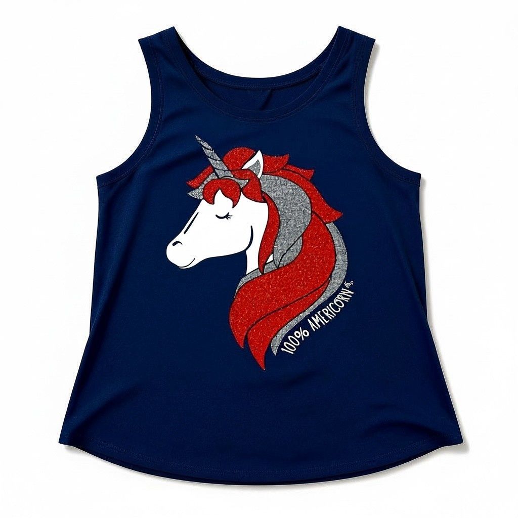 Americana Unicorn Girls Graphic Tank Top with the text "100% AMERICORN"